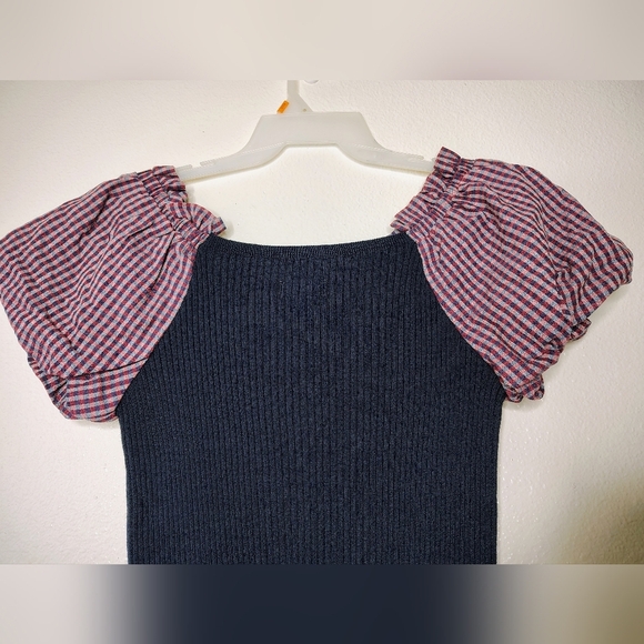 Maeve By Anthropologie PuffSleeved Navy Blue and Striped Button Front Dress Sz S - Picture 11 of 16